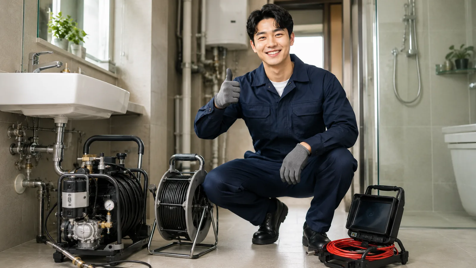 경기 동부 싱크대막힘 작업복 기술자와 고압세척기·배관내시경 전문 장비